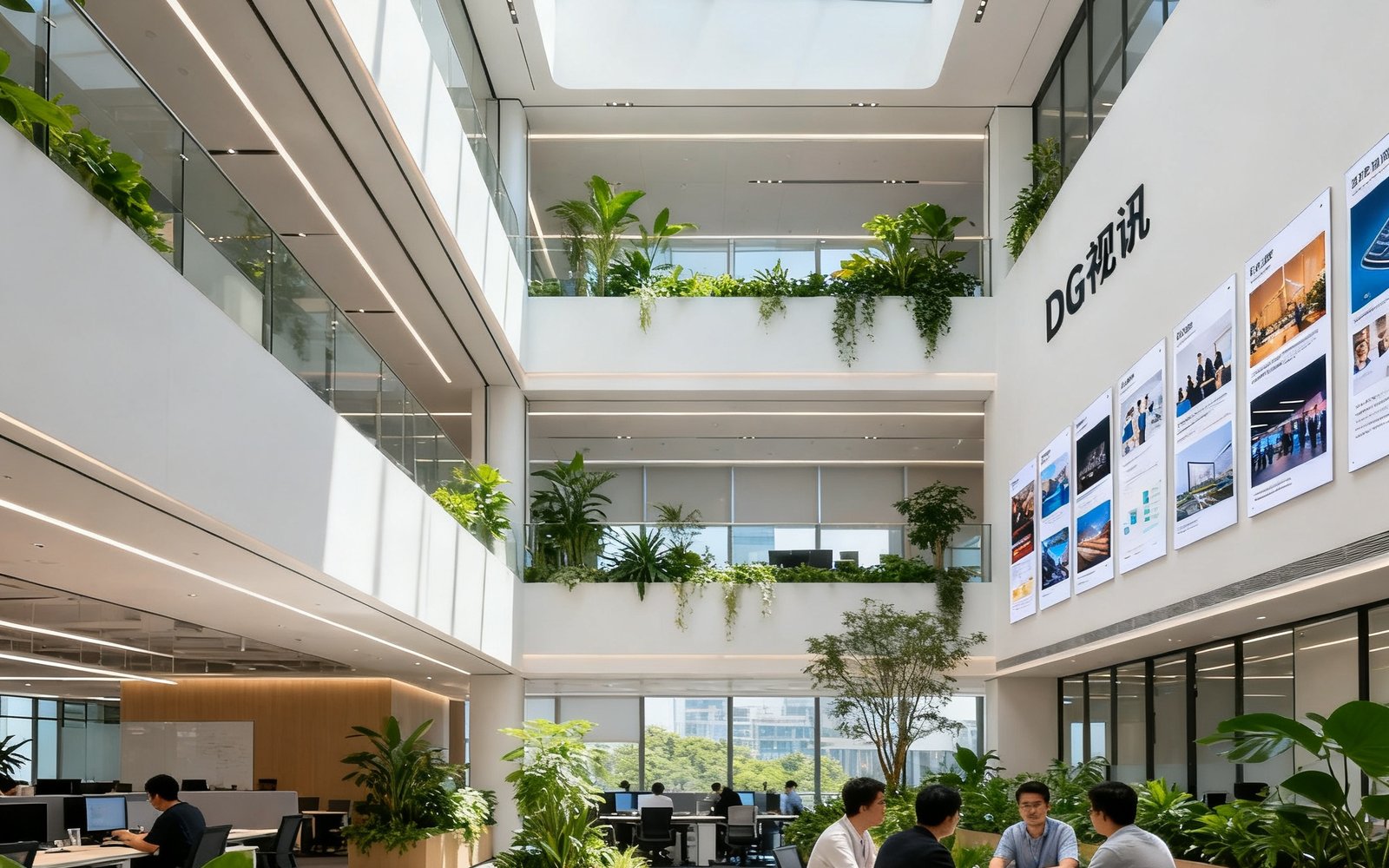 DG视讯深圳南山总部开放式办公区，挑高空间内自然光从天窗洒落，创意团队在绿植环绕的环境中协作讨论，墙面展示着过往项目的海报