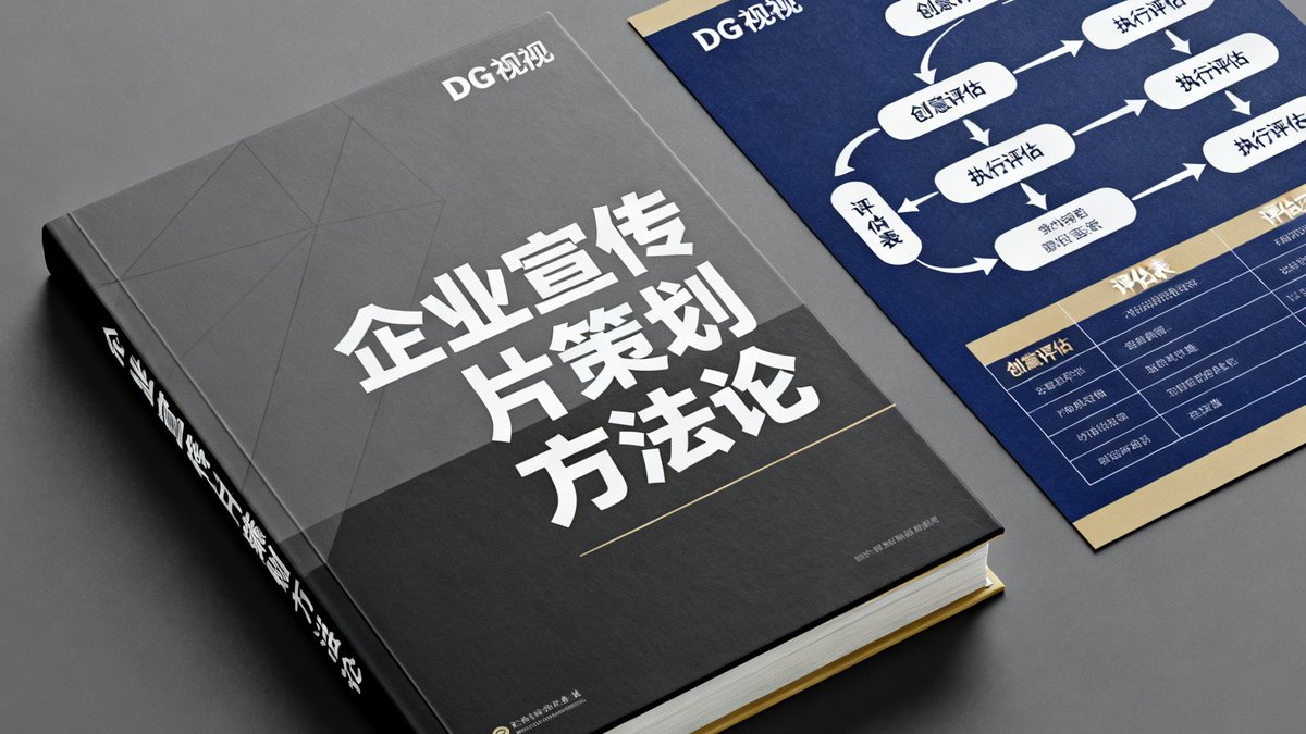 一本关于企业宣传片策划方法论的专业书籍封面，旁边摆放着DG视讯内部使用的策划流程图与评估表