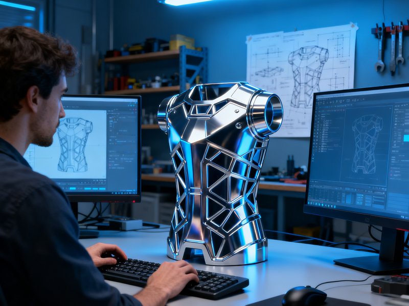 三维动画工作室场景，设计师正在双屏幕上进行精细的3D建模与材质渲染，画面中是一个科技感十足的工业产品模型