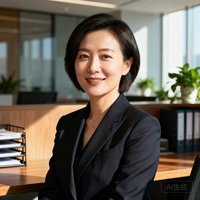 华润万象城市场总监林女士的职业肖像，身着深色西装，背景为办公室环境，表情自信从容