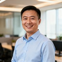 比亚迪品牌部负责人王先生的职业半身照，身穿浅蓝色衬衫，在明亮的办公室中面带微笑